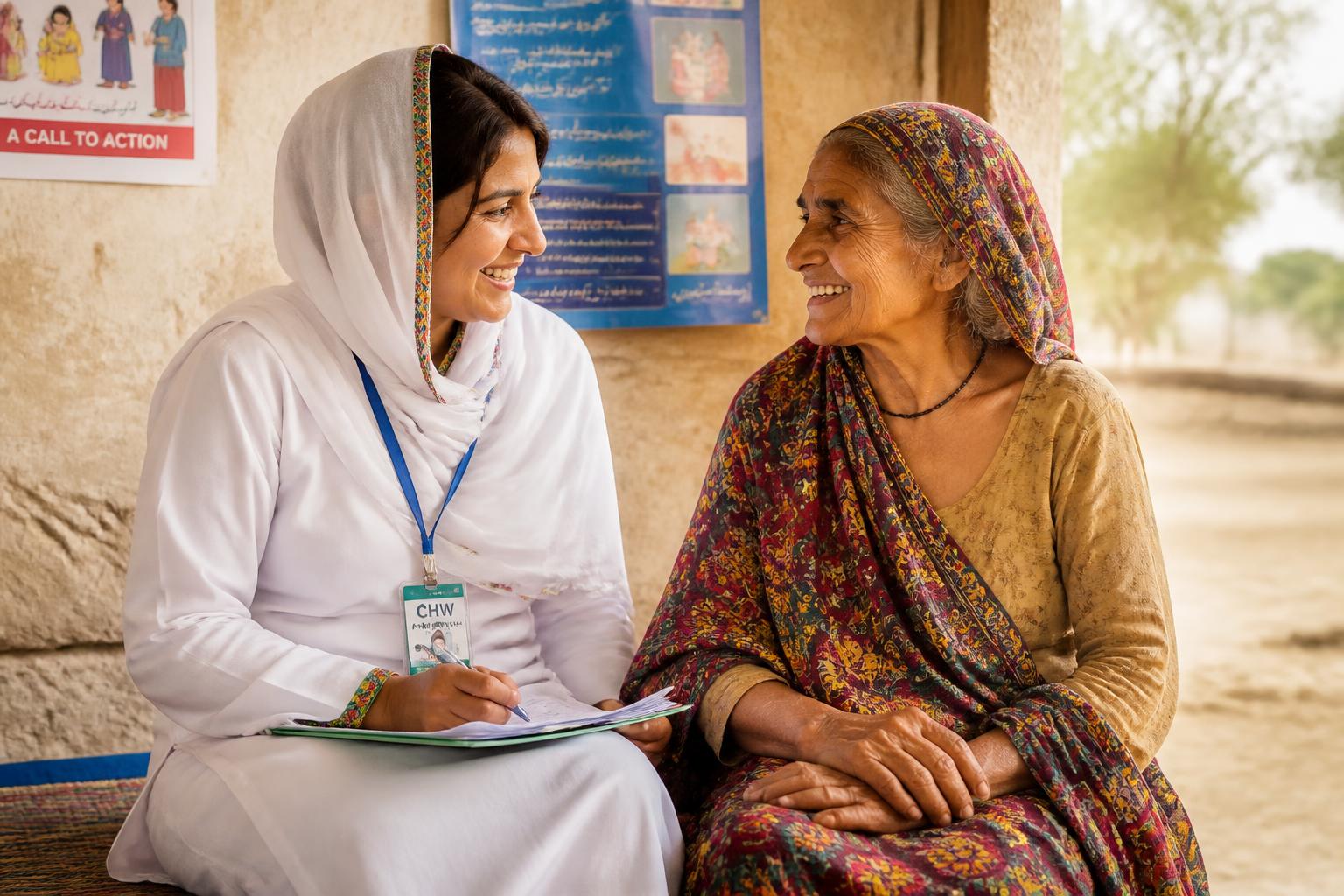 A community health worker speaking with an elderly woman in rural Pakistan